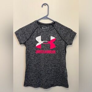 Under Armour T-shirt, gray with pink and white UA pattern / Under Armour words.